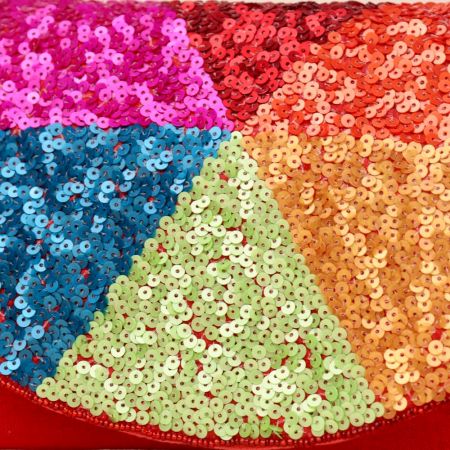 Rainbow Mosaic Hand-Sequined Sling Clutch in Red Base
