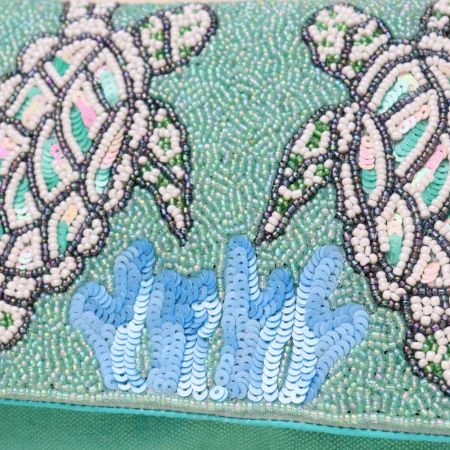 Aqua Haven Hand-Beaded Bird Motif Sling Clutch with Gold Chain Strap