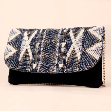 Midnight Mirage Beaded Sling Clutch with Gold Chain Strap