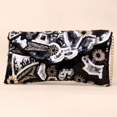 Noir Bloom Sequin Embroidered Sling Clutch with Gold Chain Strap