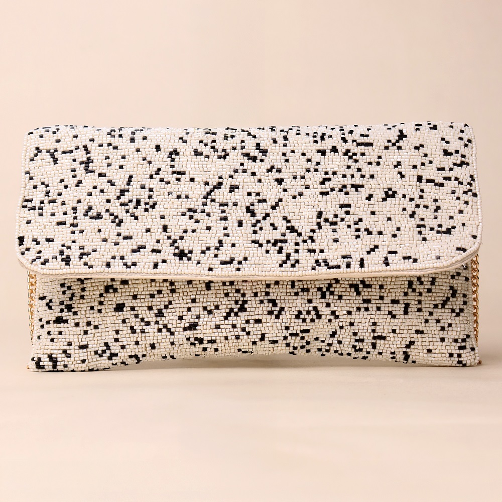 Monochrome Mist Hand-Beaded Sling Bag with Gold Chain Strap