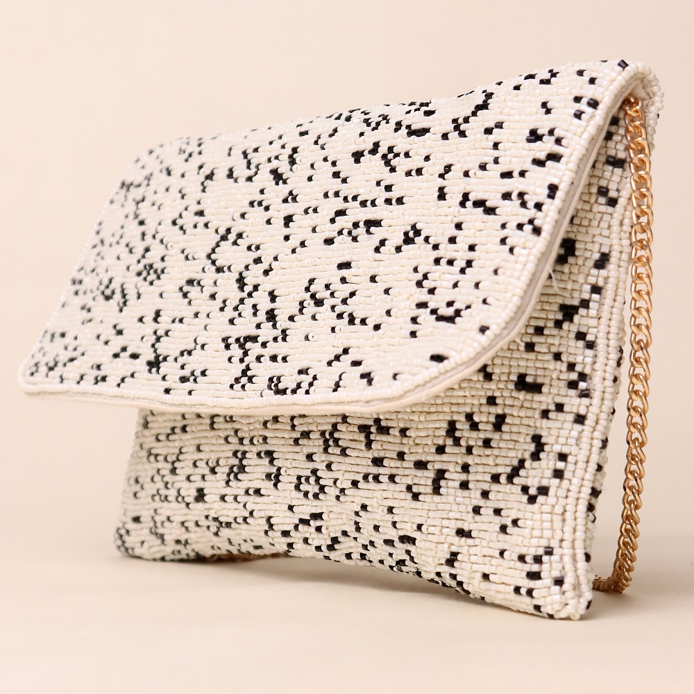Monochrome Mist Hand-Beaded Sling Bag with Gold Chain Strap