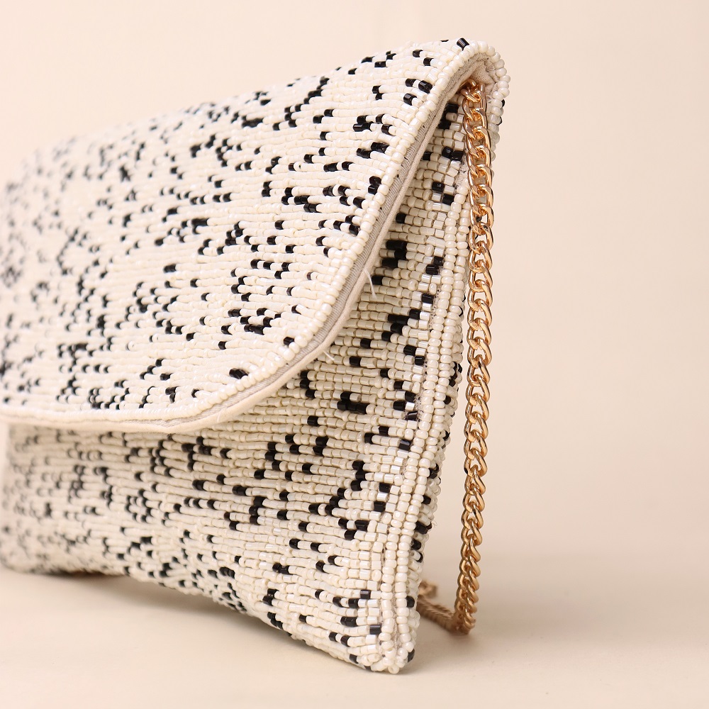 Monochrome Mist Hand-Beaded Sling Bag with Gold Chain Strap