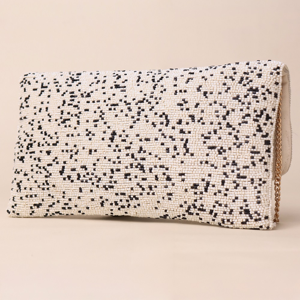 Monochrome Mist Hand-Beaded Sling Bag with Gold Chain Strap