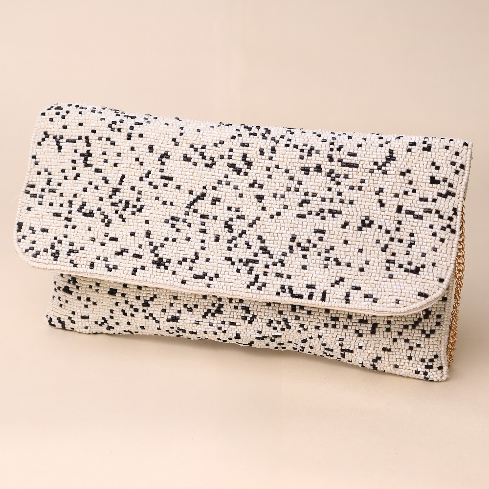 Monochrome Mist Hand-Beaded Sling Bag with Gold Chain Strap