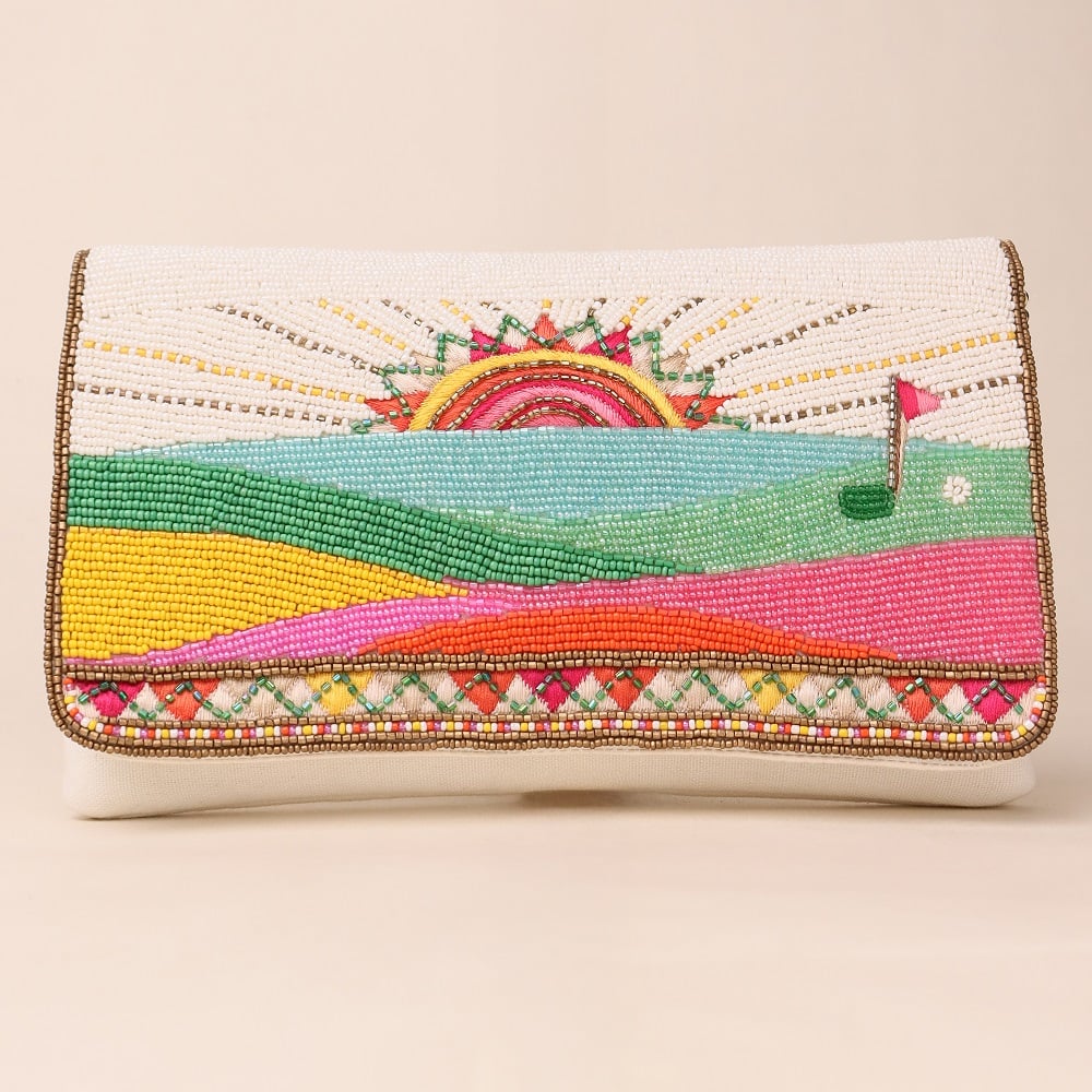 Hand-Beaded Sunrise Landscape Clutch with Vibrant Colors | Party Sling Bag