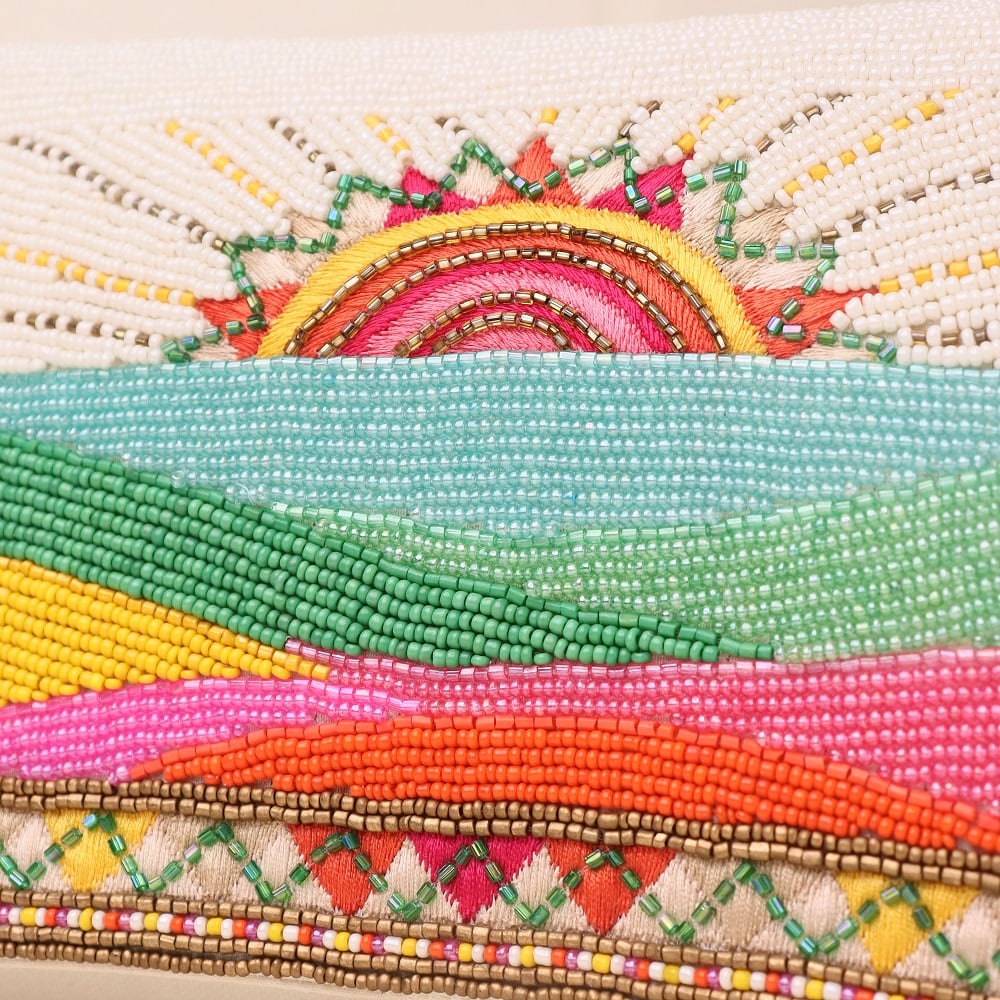 Hand-Beaded Sunrise Landscape Clutch with Vibrant Colors | Party Sling Bag