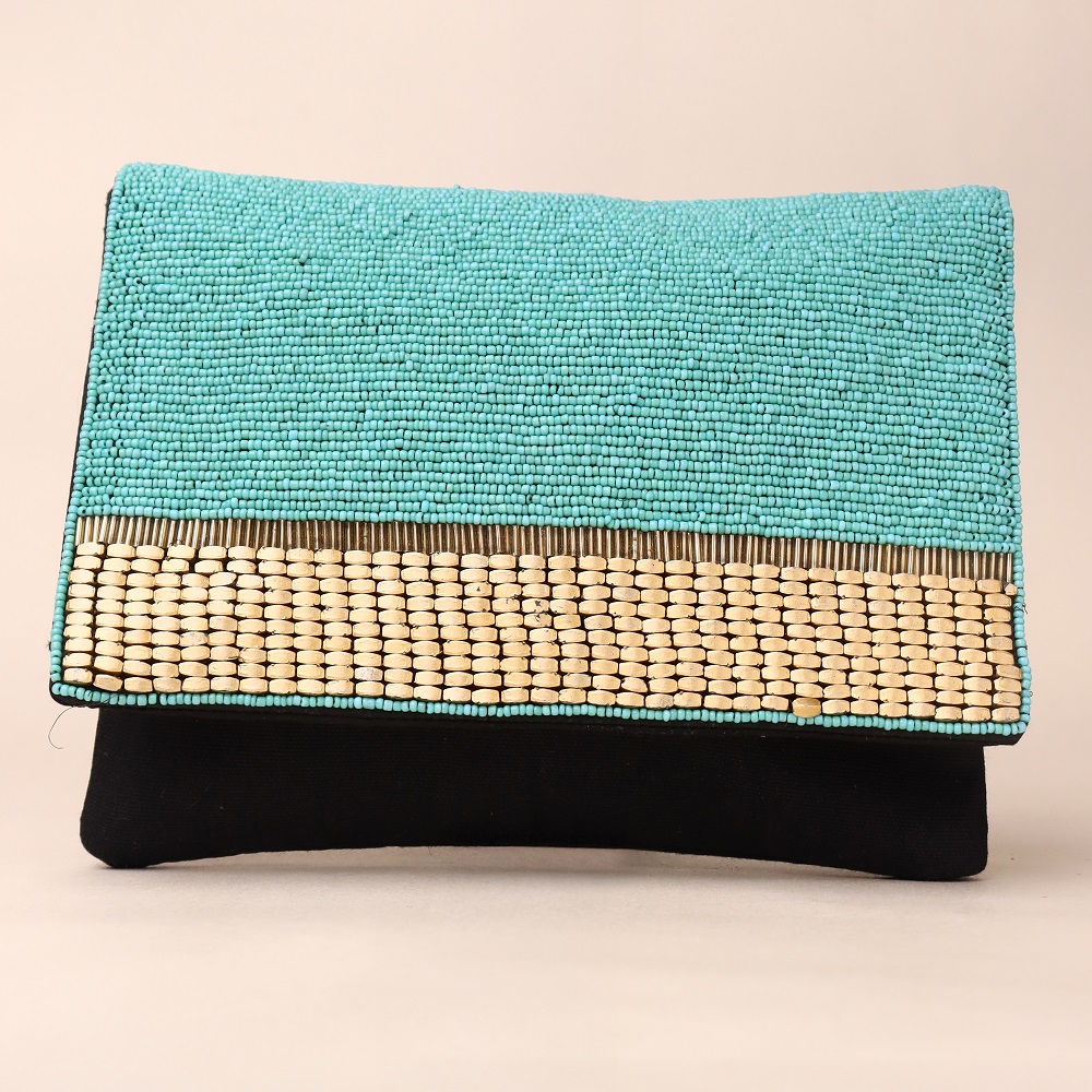 Turquoise Hand-Beaded Clutch with Woven Accent and Black Base