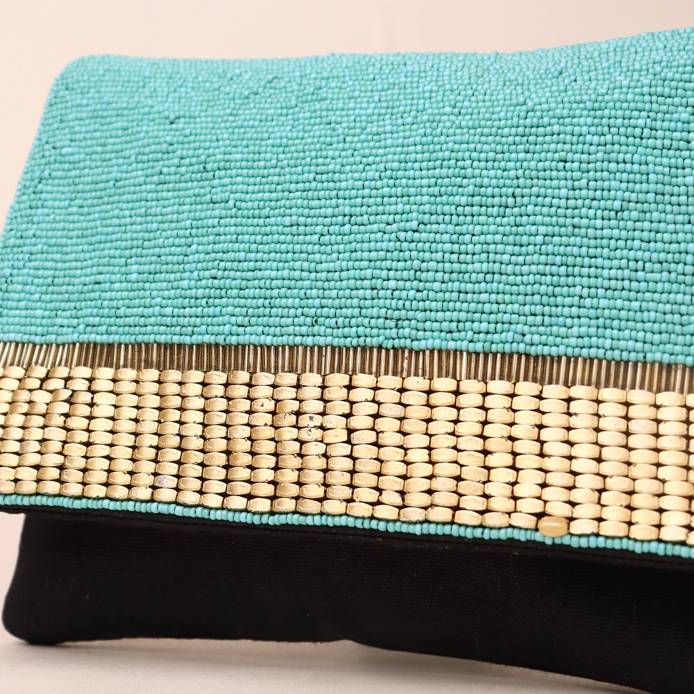 Turquoise Hand-Beaded Clutch with Woven Accent and Black Base