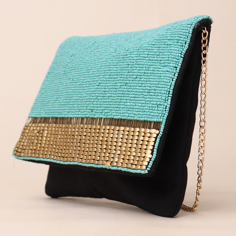 Turquoise Hand-Beaded Clutch with Woven Accent and Black Base