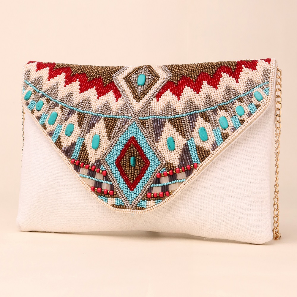 Tribal Muse Embellished Clutch with Gold Chain Strap