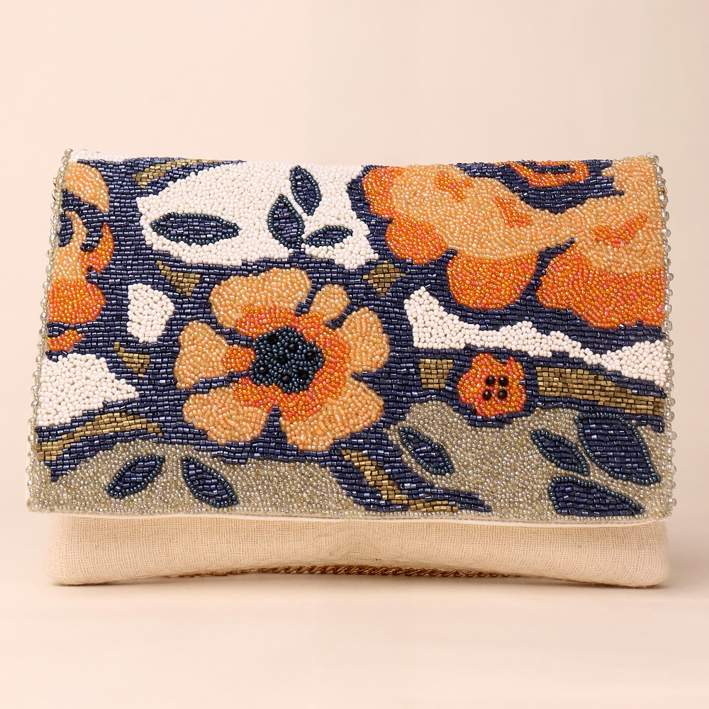 Floral Reverie Hand-Beaded Sling Clutch with Chain Strap