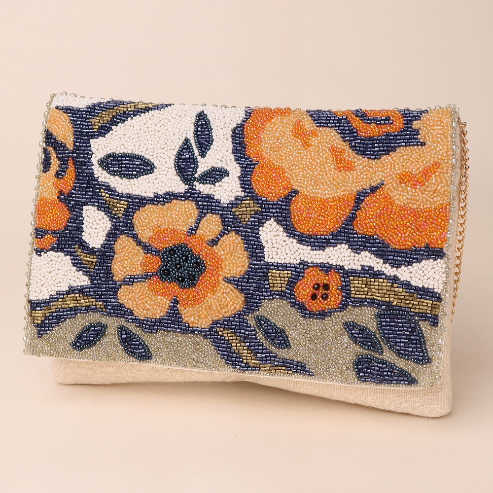 Floral Reverie Hand-Beaded Sling Clutch with Chain Strap