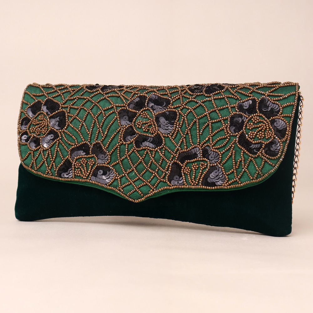 Royal Garden Hand-Beaded Velvet Clutch with Chain Strap