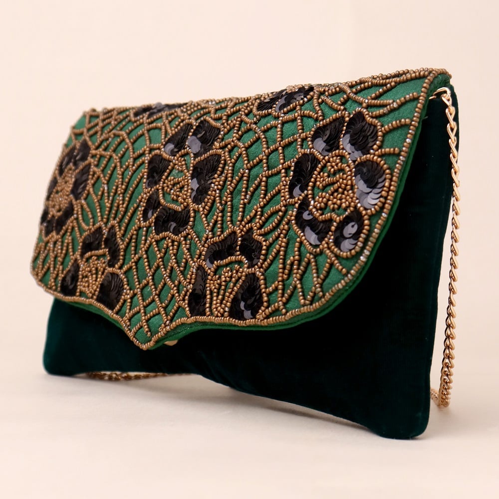 Royal Garden Hand-Beaded Velvet Clutch with Chain Strap