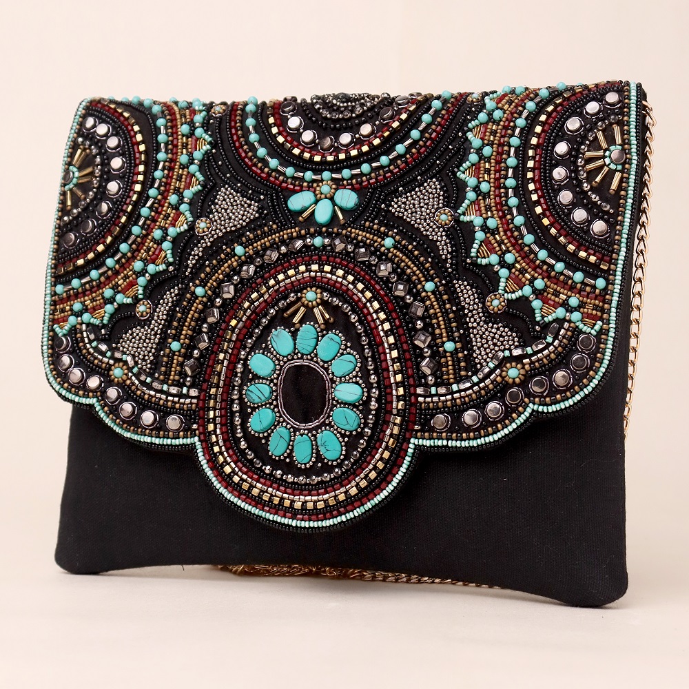 Majestic Medallion Hand-Beaded Clutch with Gold Chain Strap