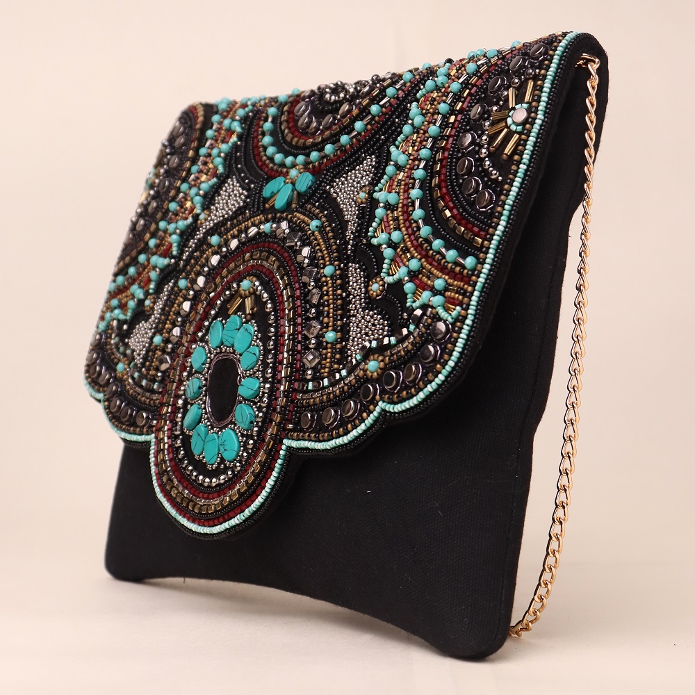 Majestic Medallion Hand-Beaded Clutch with Gold Chain Strap