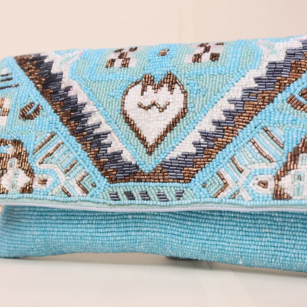 Boho Spirit Hand-Beaded Clutch with Tribal Motifs and Chain Strap