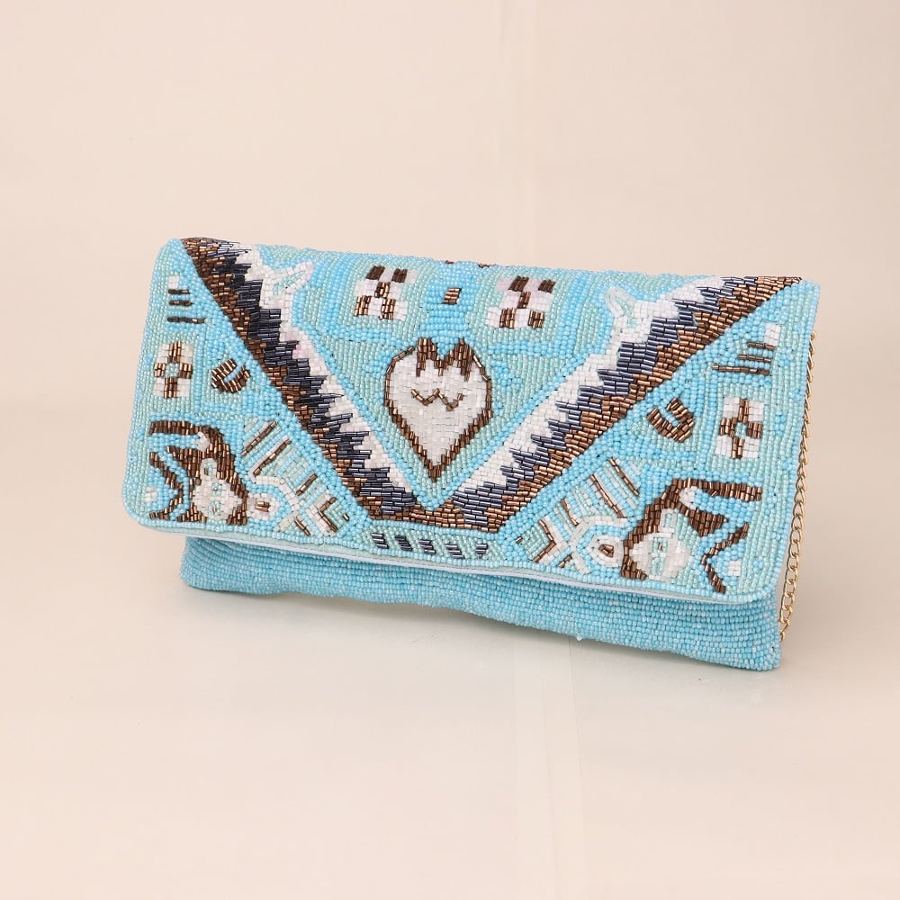 Boho Spirit Hand-Beaded Clutch with Tribal Motifs and Chain Strap