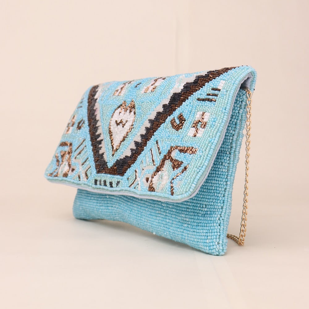 Boho Spirit Hand-Beaded Clutch with Tribal Motifs and Chain Strap