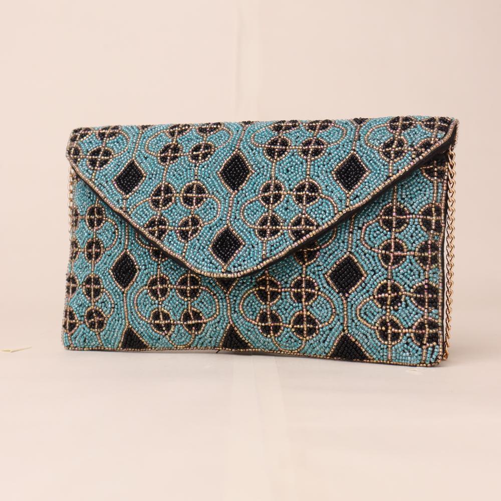 Midnight Tapestry Beaded Clutch with Elegant Chain Strap