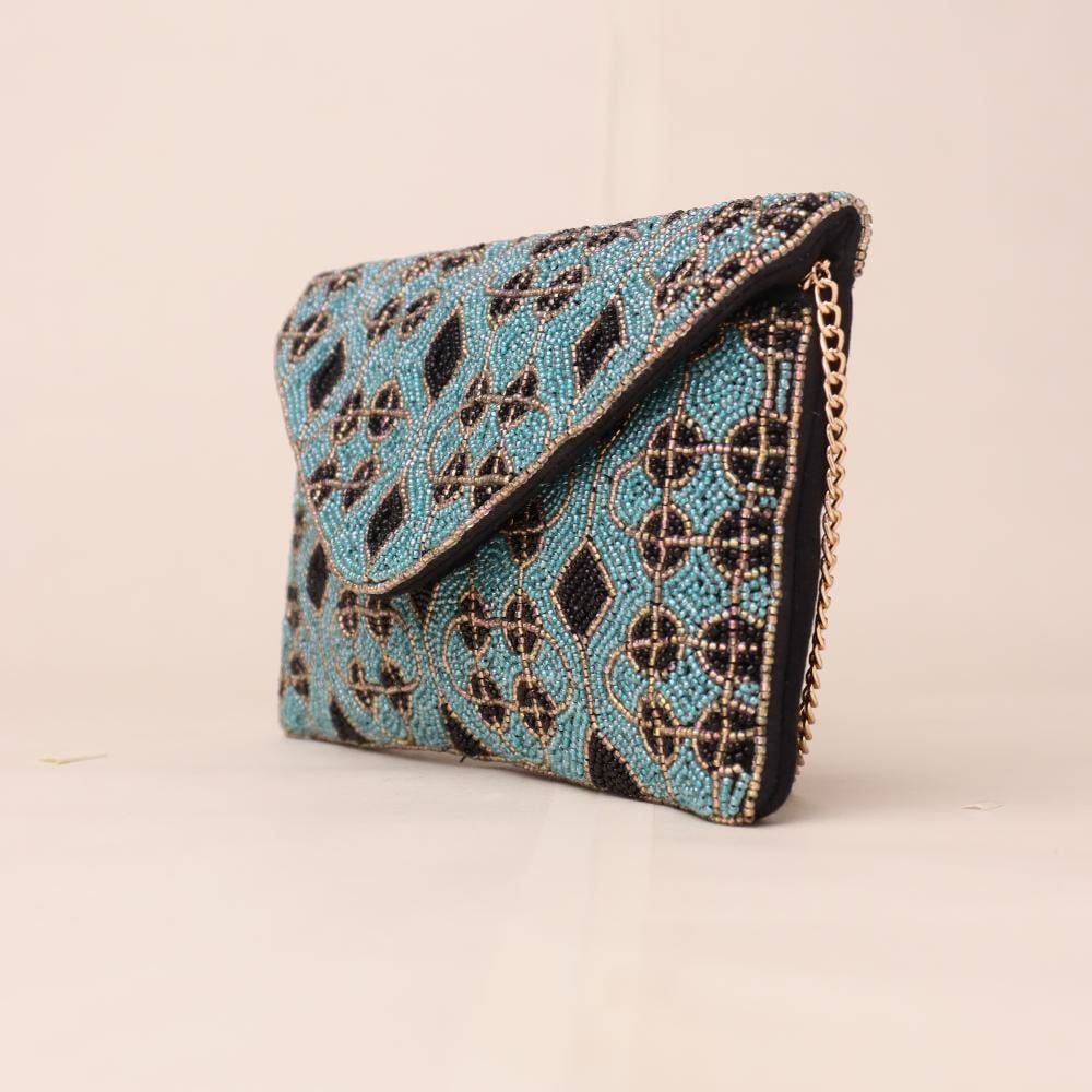 Midnight Tapestry Beaded Clutch with Elegant Chain Strap