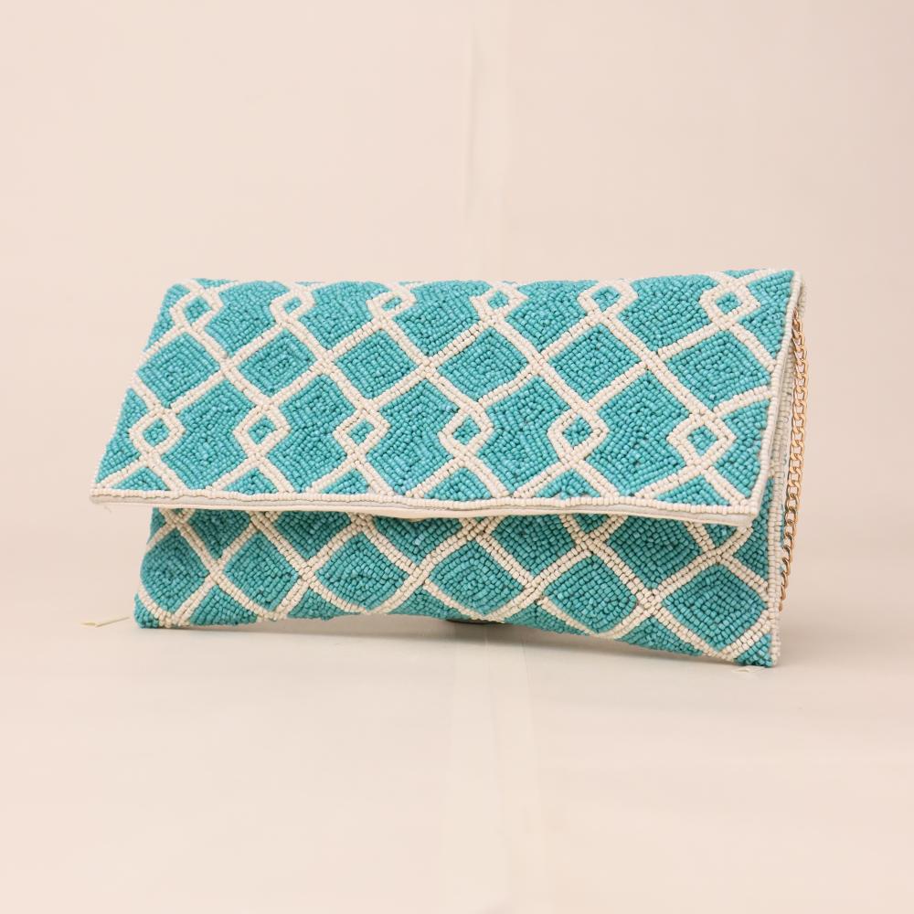 Celestial Grid Hand-Beaded Clutch with Detachable Chain Strap