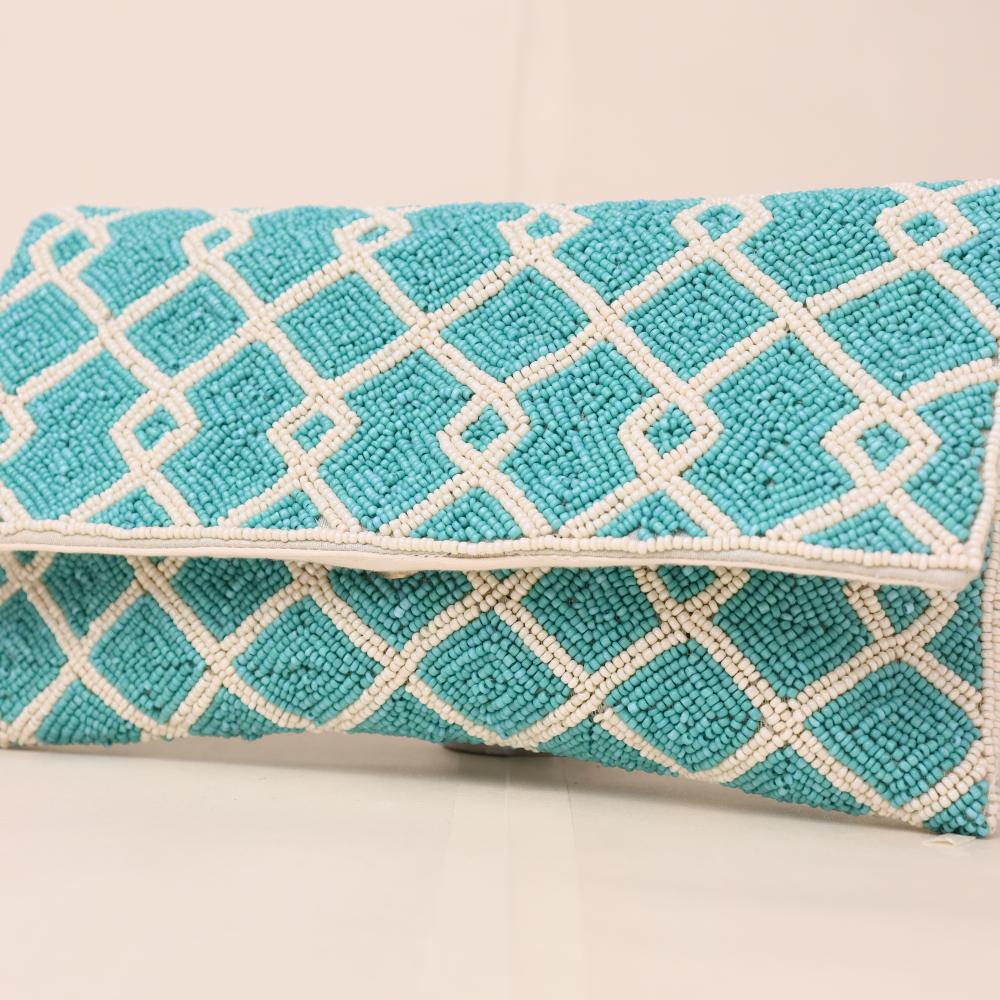 Celestial Grid Hand-Beaded Clutch with Detachable Chain Strap