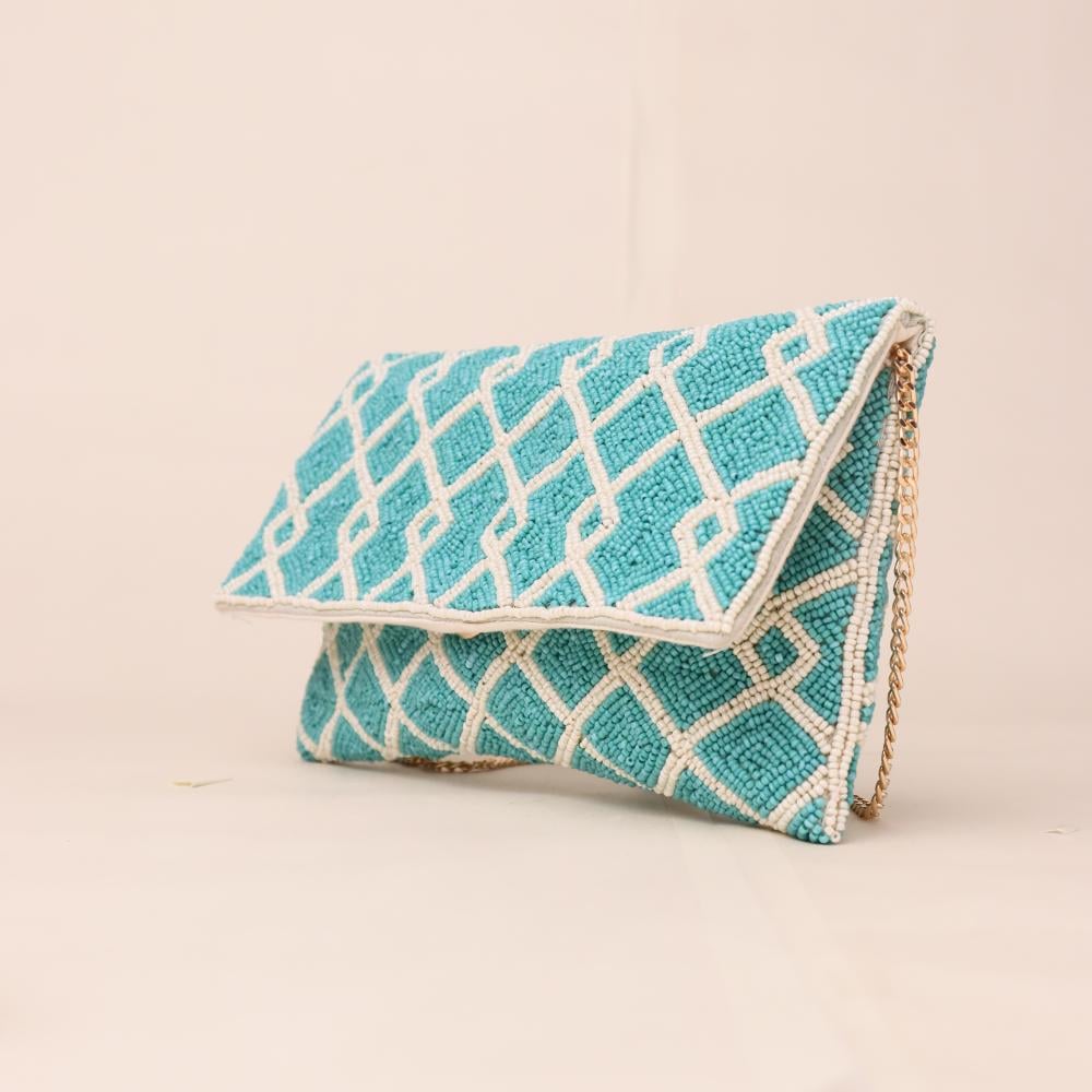 Celestial Grid Hand-Beaded Clutch with Detachable Chain Strap