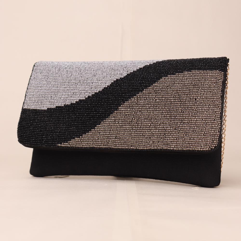 Midnight Rhythm Beaded Clutch with Detachable Chain Strap
