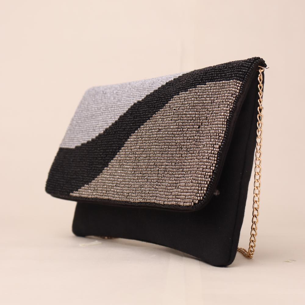 Midnight Rhythm Beaded Clutch with Detachable Chain Strap