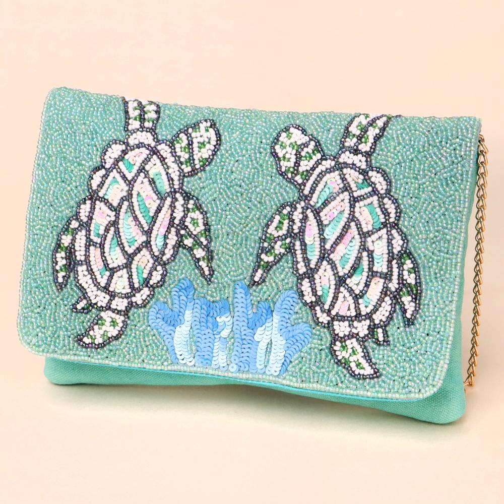 Aqua Haven Hand-Beaded Bird Motif Sling Clutch with Gold Chain Strap