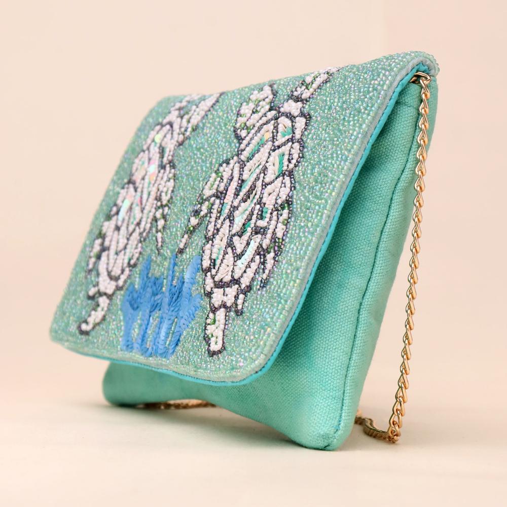 Aqua Haven Hand-Beaded Bird Motif Sling Clutch with Gold Chain Strap
