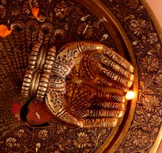 Engraved Design Two Hands Brass Diya Oil Lamp