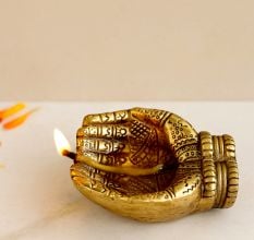 Engraved Design Two Hands Brass Diya Oil Lamp