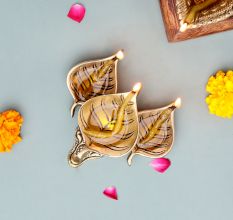 Modern Antique Golden Brass 3 Leaf Shaped Oil Lamp For Diwali Pooja