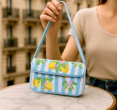 Luxury Handmade Beaded Shoulder Bag – Lemon Fruit Pattern on Blue Stripes
