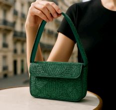 Luxury Handmade Beaded Shoulder Bag – Green Geometric Pattern Purse