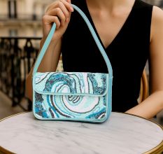 Luxury Handmade Beaded Shoulder Bag – Blue Abstract Pattern with Sequins