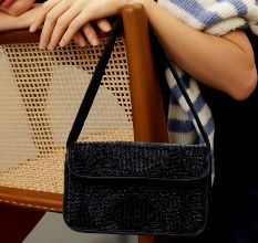Luxury Handmade Beaded Shoulder Bag – Black Geometric Pattern