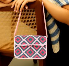 Luxury Handmade Colorful Beaded Shoulder Bag – Pink & Green Diamond Geometric Pattern Purse