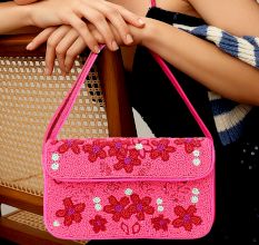 Luxury Handmade Beaded Shoulder Bag – Hot Pink with Red Floral Design