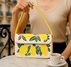 Handmade Beaded Shoulder Bag – Lemon Fruit Design, Summer Tote Purse for Women