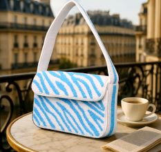 Luxury Handmade Beaded Shoulder Bag – Blue & White Zebra Pattern Designer Purse for Women