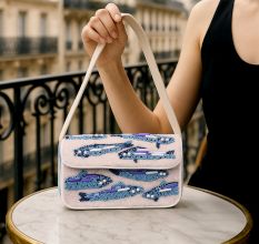 Handmade Beaded Shoulder Bag – White & Blue Fish Pattern with Embroidery Detailing
