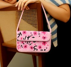 Handmade Pink Beaded Shoulder Bag with Floral Embroidery – Stylish Women’s Purse