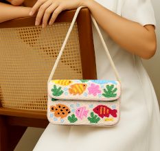 Handmade Beaded Shoulder Bag with Colorful Fish & Coral Reef Design – Summer Beach Style