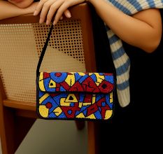 Handmade Beaded Shoulder Bag – Multicolor Geometric Pattern | Black Strap Women’s Handbag
