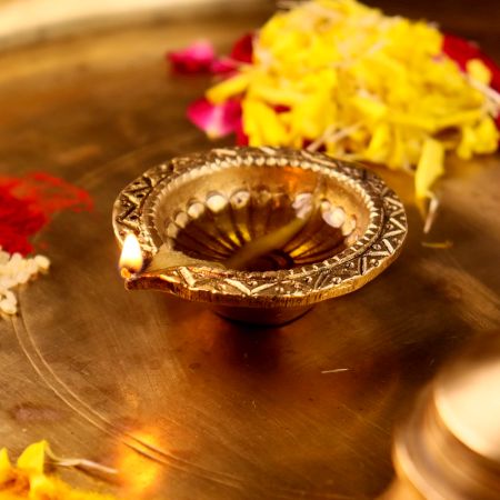 Tribal Design Round Brass Oil Lamp Diya