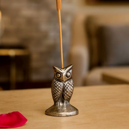 Silver Brass Standing Owl Incense Stick Holder